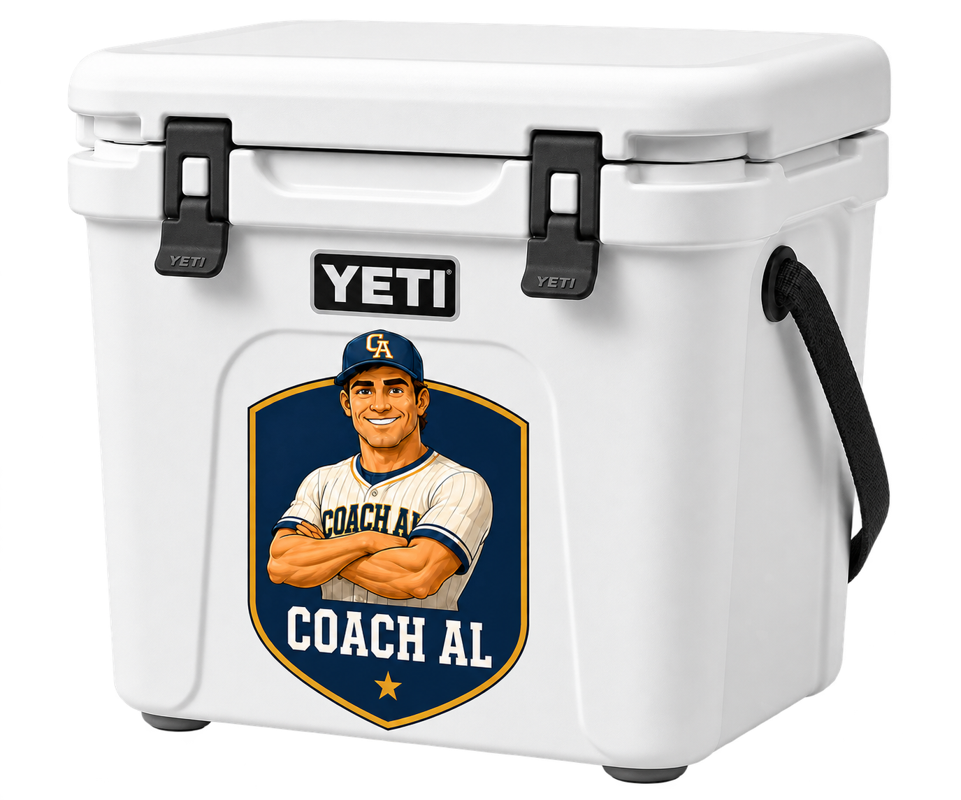 Mock version of a white Coach Al-branded cooler